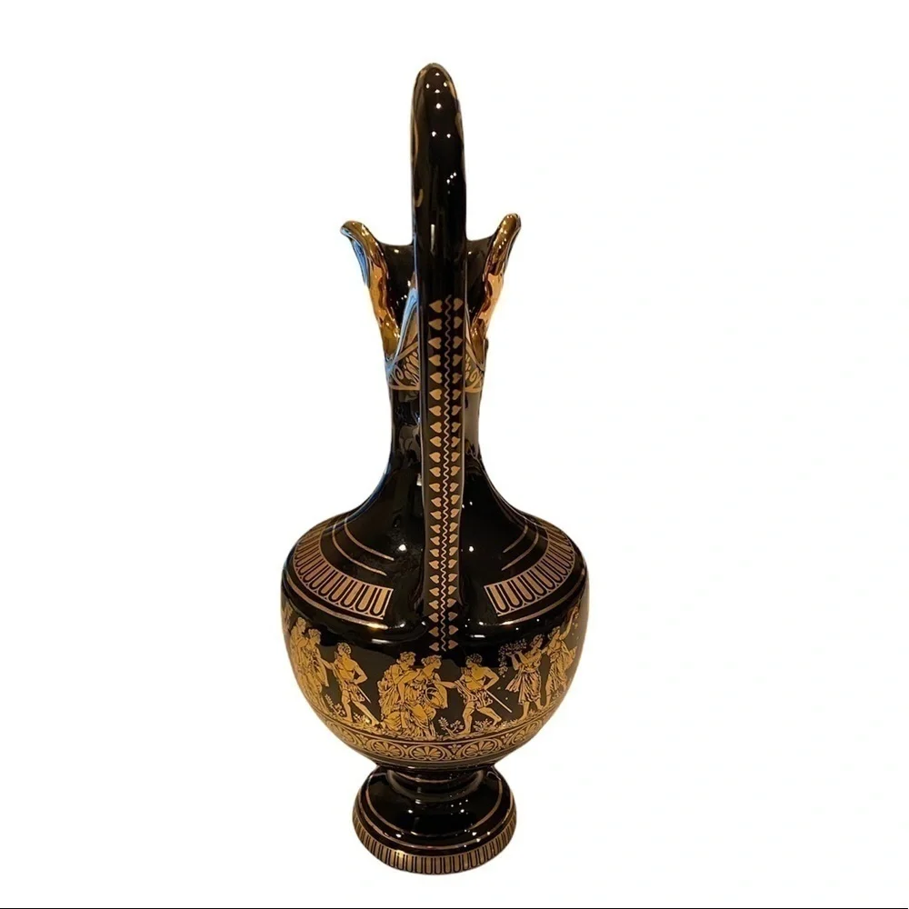 Vintage i. Spyropoulos Greek Black Mythology Vase. Hand Made in Greece 24K Gold